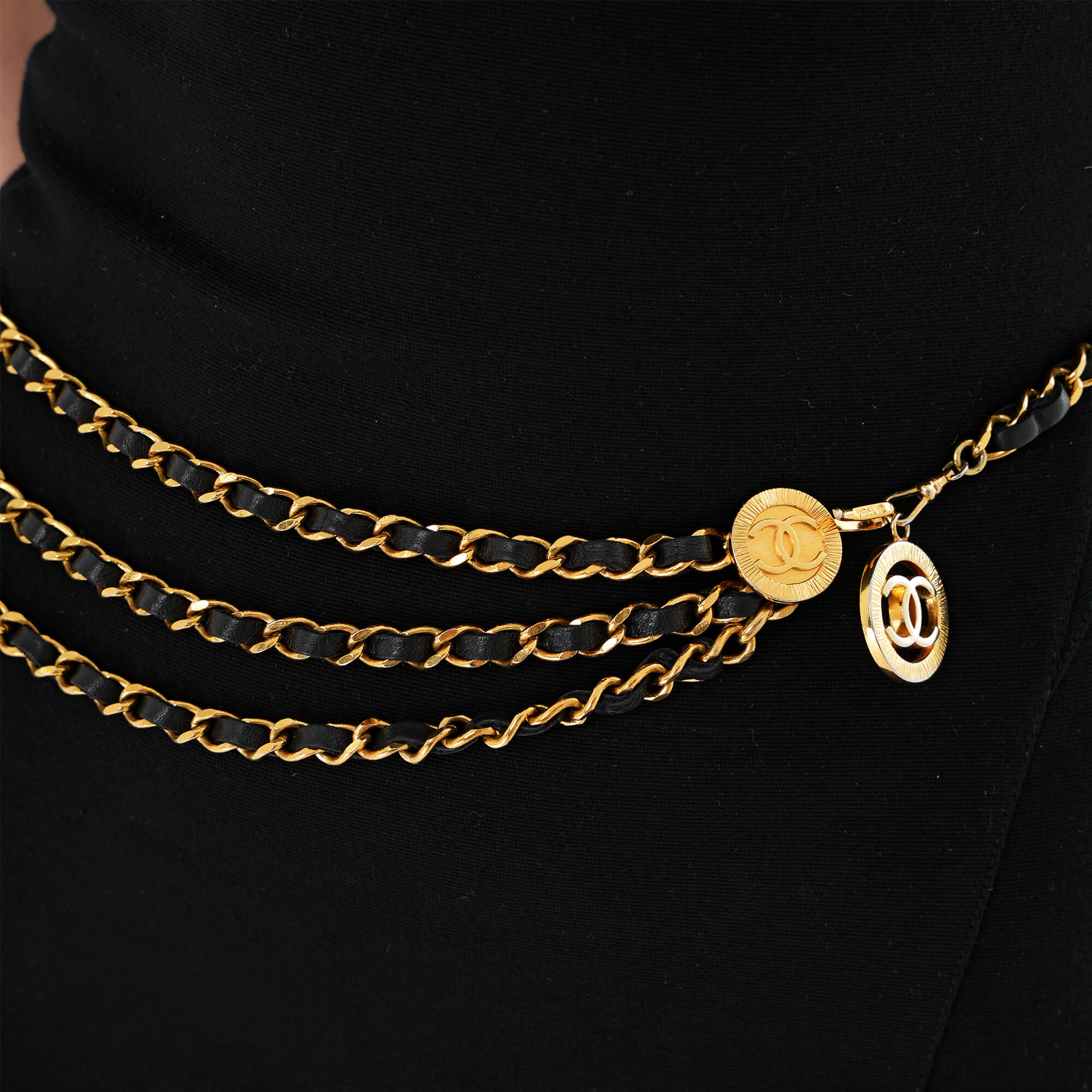 Chanel - Vintage Black Leather & Gold Chain Belt w Madallion Logo Charm